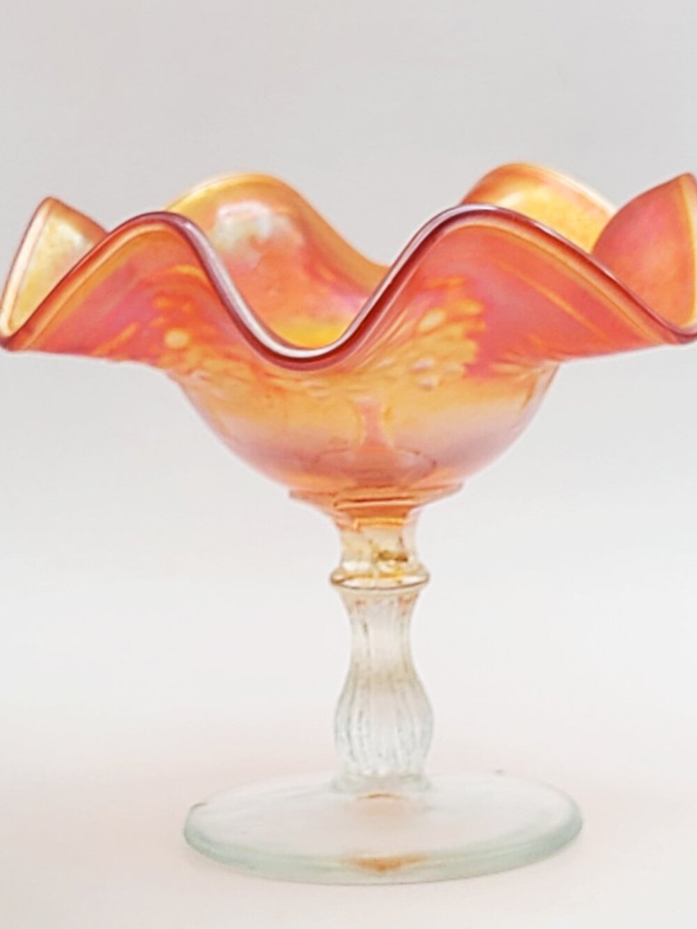 Fenton Marigold Carnival Glass Orange Tree Ruffled Sherbet Compote - Picture 9 of 11
